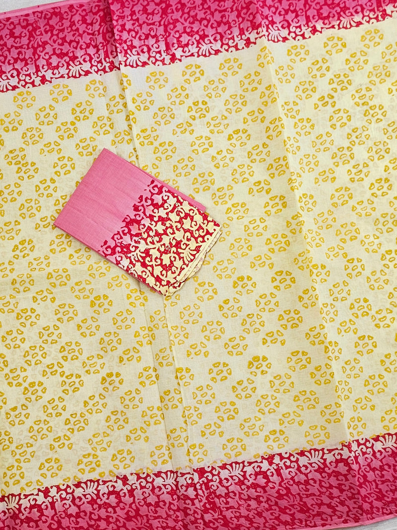 Pure Cotton with Hand Block Prints - Yellow with Red
