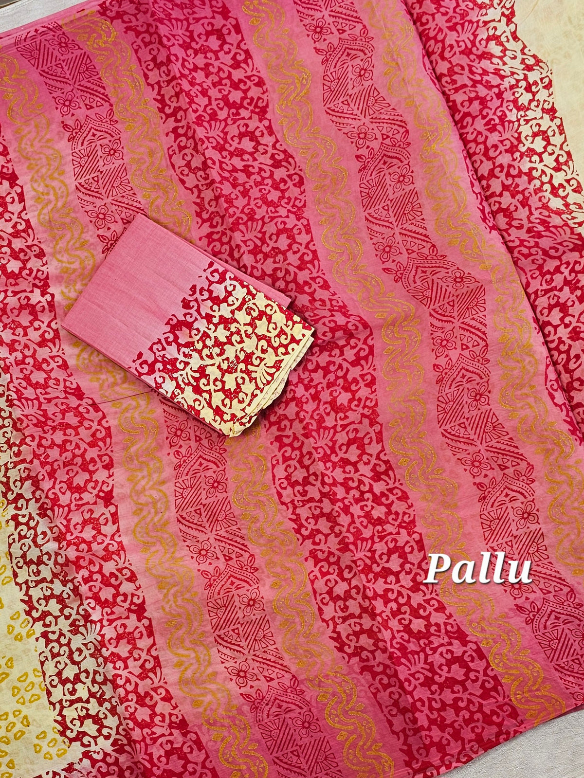 Pure Cotton with Hand Block Prints - Yellow with Red