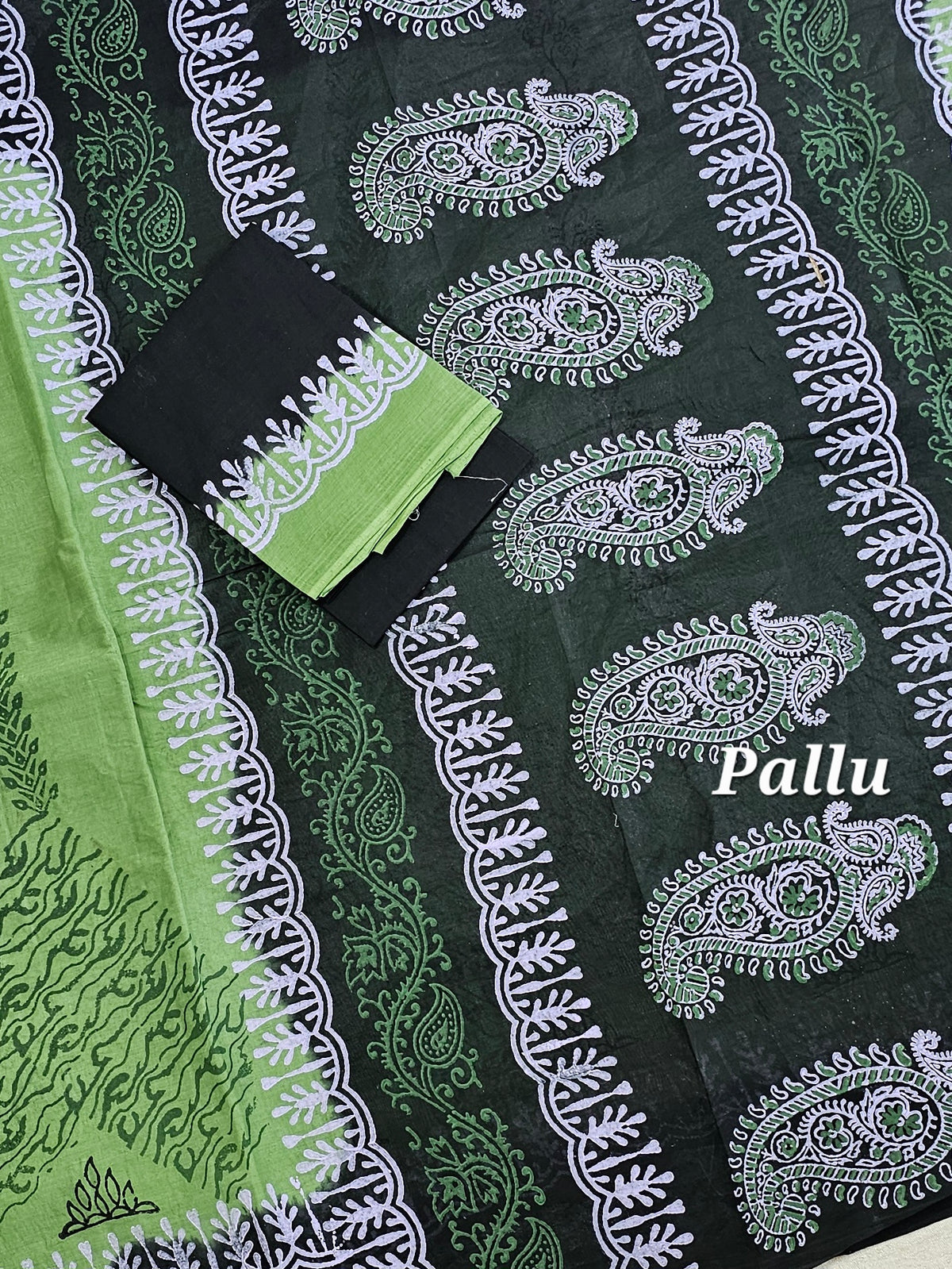 Pure Cotton with Hand Block Prints - Green with Black