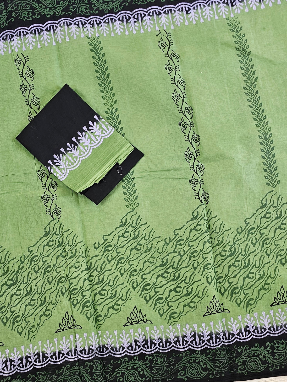 Pure Cotton with Hand Block Prints - Green with Black