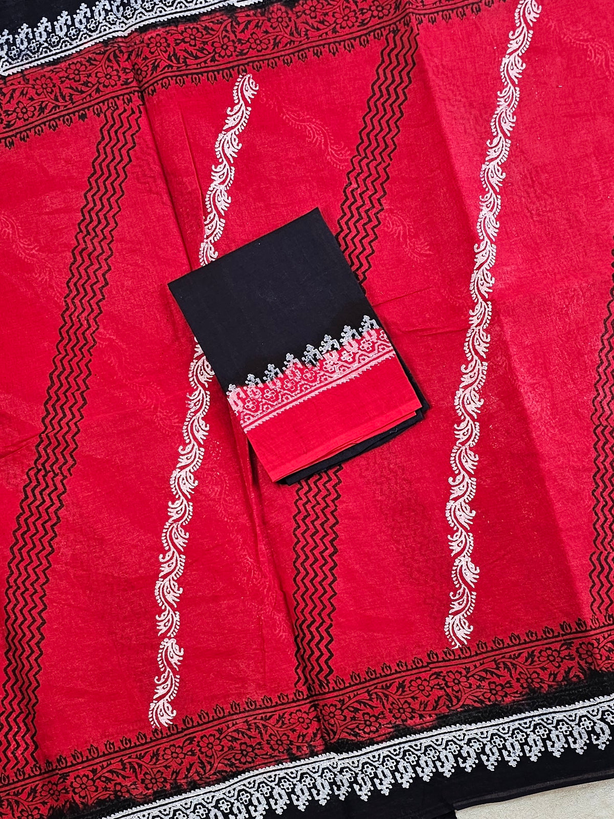 Pure Cotton with Hand Block Prints - Red with Black