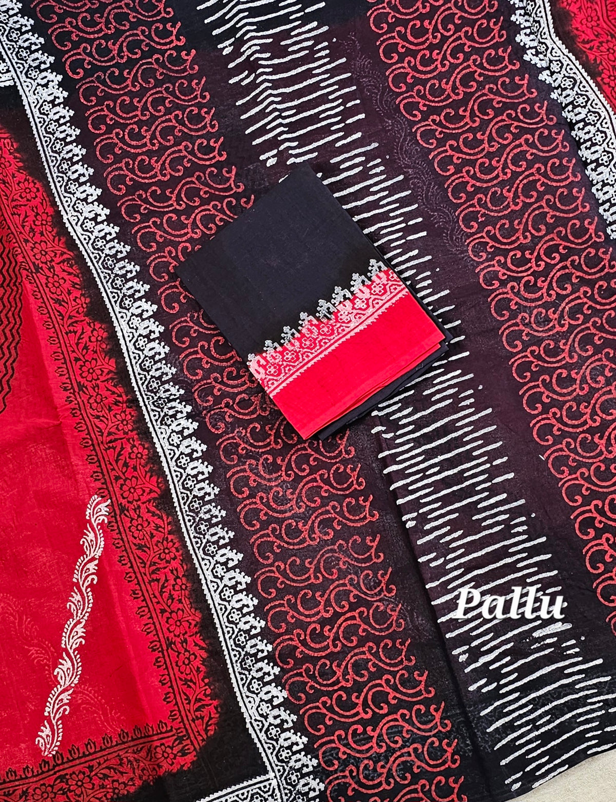 Pure Cotton with Hand Block Prints - Red with Black