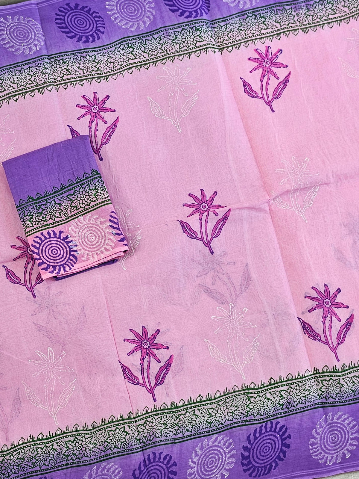 Pure Cotton with Hand Block Prints - Pink with Purple