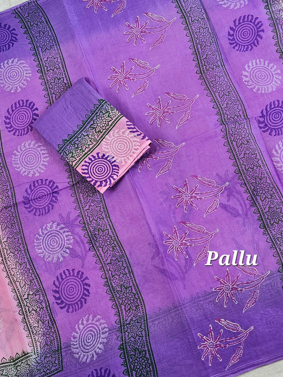 Pure Cotton with Hand Block Prints - Pink with Purple