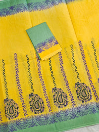 Pure Cotton with Hand Block Prints - Yellow with Sea Green
