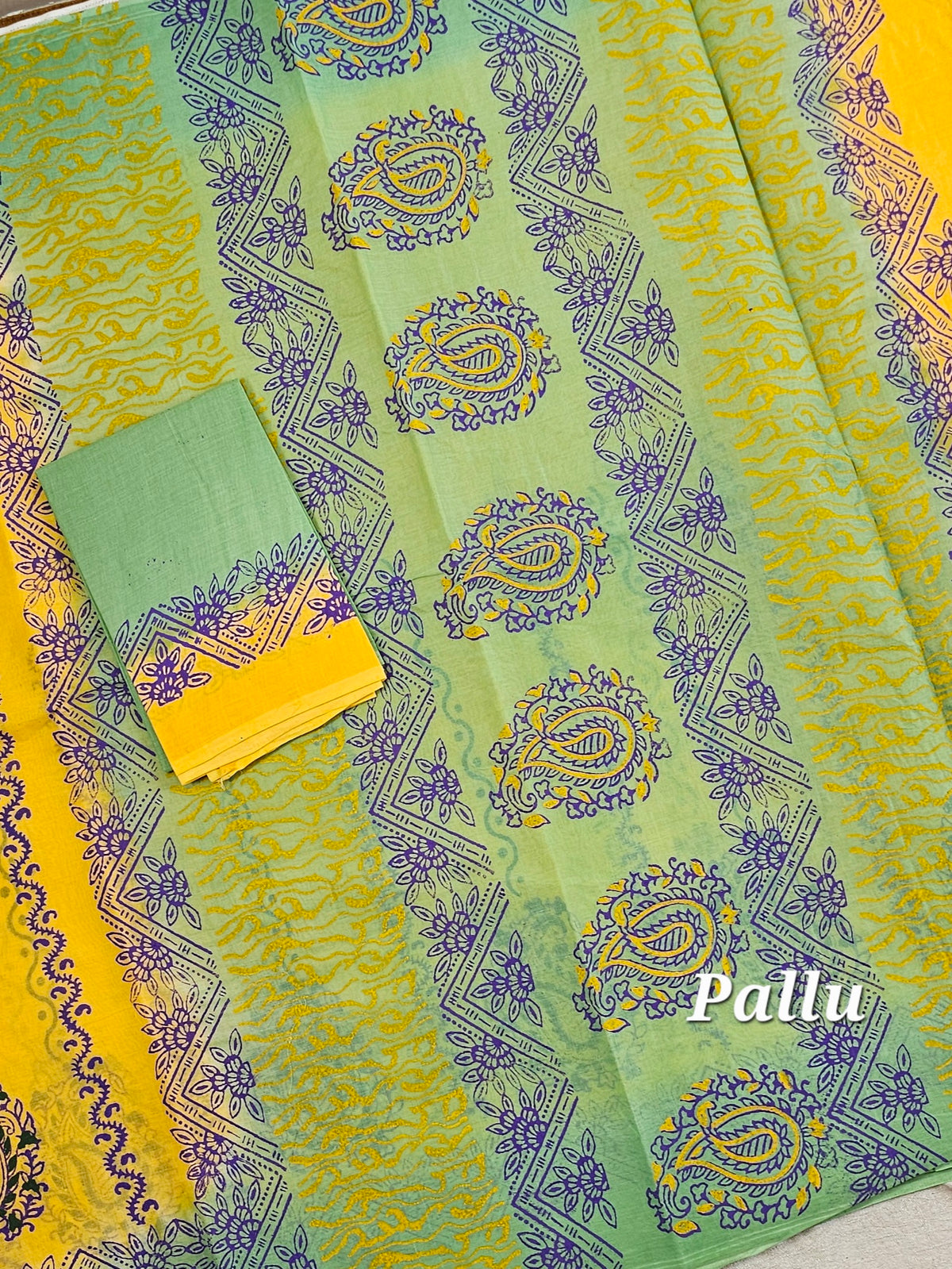 Pure Cotton with Hand Block Prints - Yellow with Sea Green