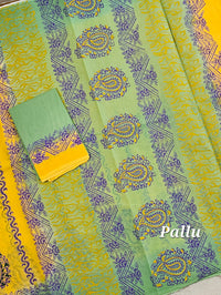 Pure Cotton with Hand Block Prints - Yellow with Sea Green