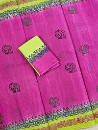 Pure Cotton with Hand Block Prints - Pink with Green