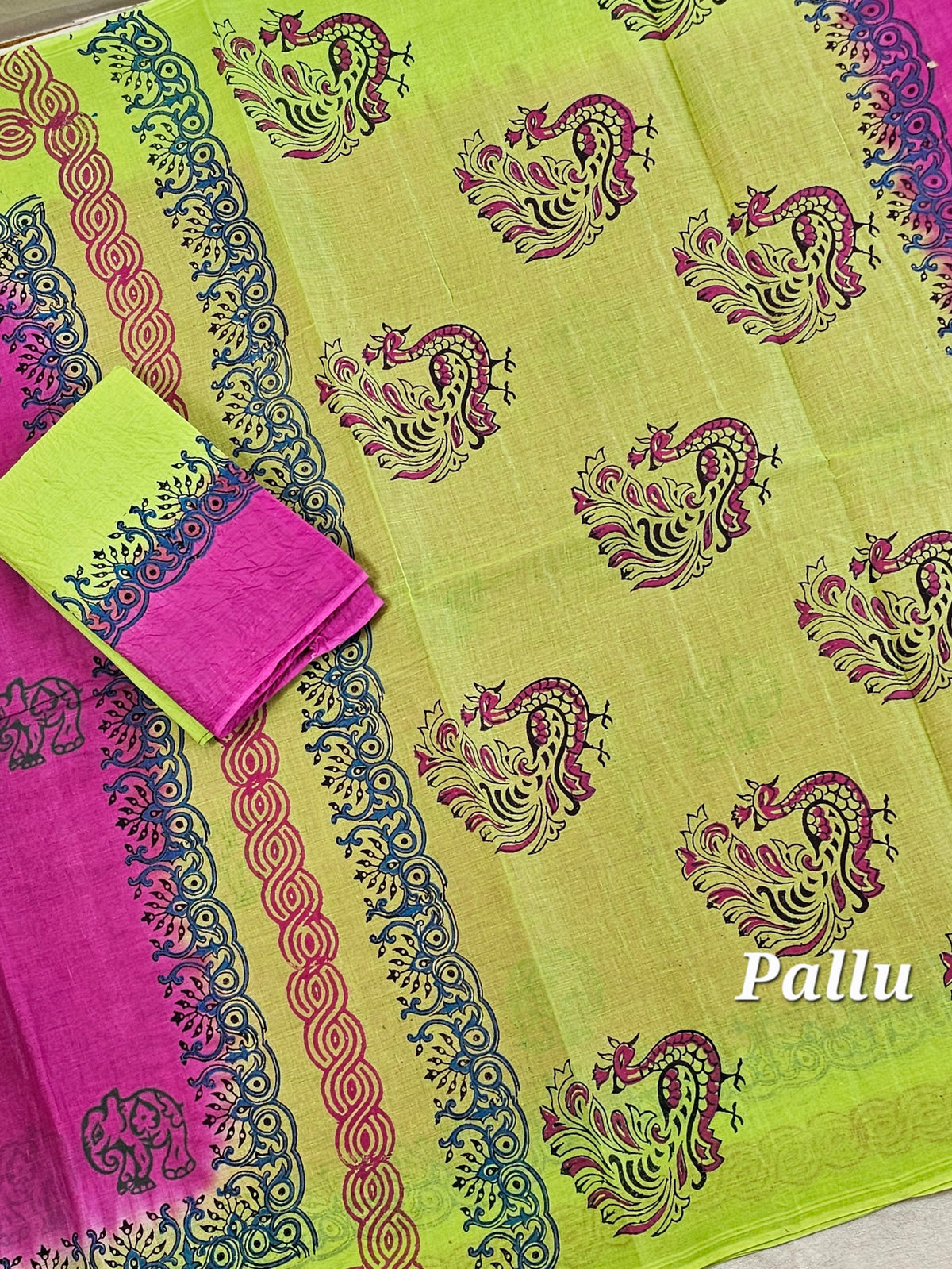 Pure Cotton with Hand Block Prints - Pink with Green