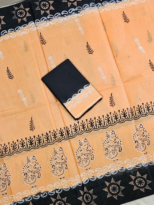 𝐏𝐫𝐞𝐛𝐨𝐨𝐤𝐢𝐧𝐠 𝐀𝐯𝐚𝐢𝐥𝐚𝐛𝐥𝐞 - 𝟐5 𝐝𝐚𝐲 𝐃𝐢𝐬𝐩𝐚𝐭𝐜𝐡 𝐓𝐢𝐦𝐞 Pure Cotton with Hand Block Prints - Peach with Black
