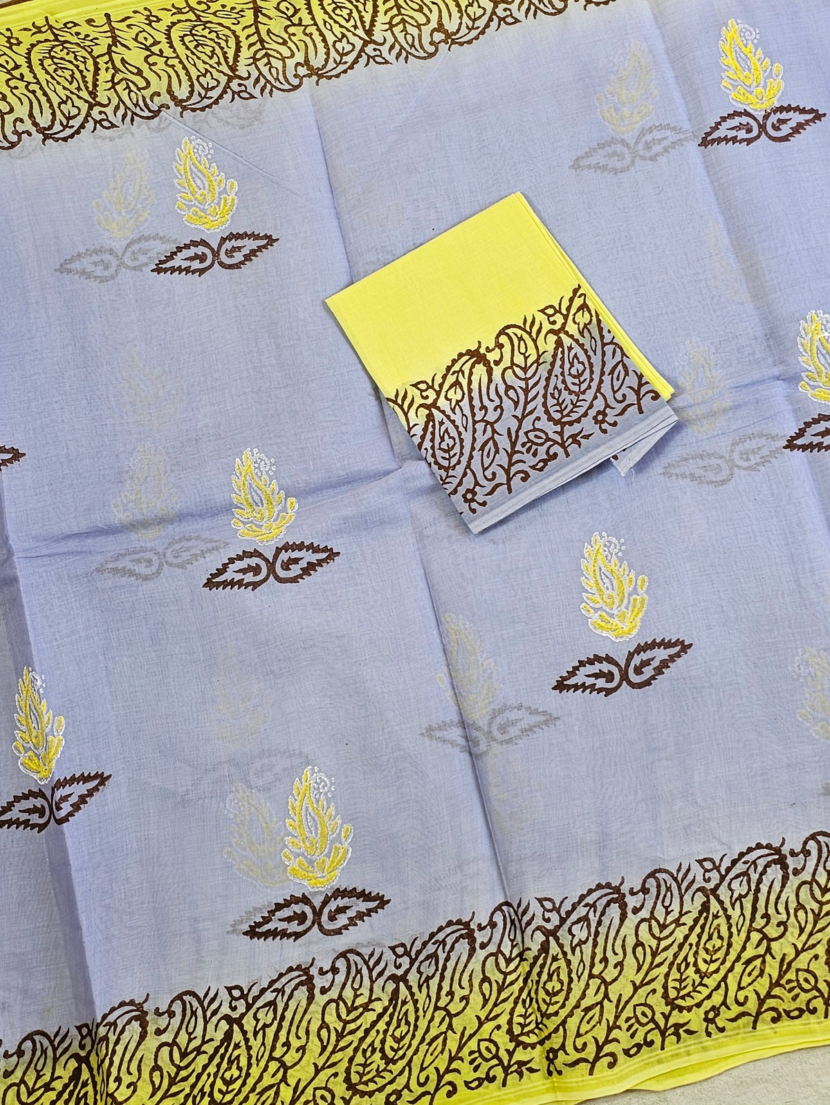 Pure Cotton with Hand Block Prints - Grey with Yellow