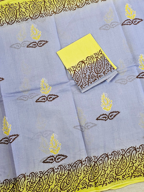 Pure Cotton with Hand Block Prints - Grey with Yellow