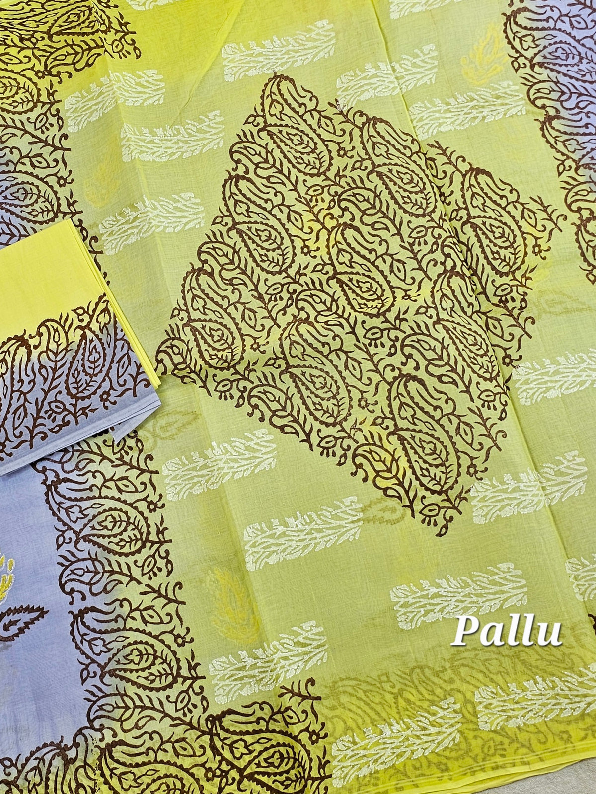 Pure Cotton with Hand Block Prints - Grey with Yellow