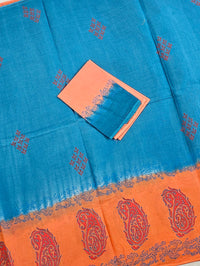 Pure Cotton with Hand Block Prints - Blue with Orange