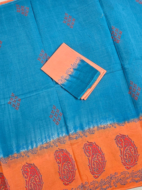 Pure Cotton with Hand Block Prints - Blue with Orange