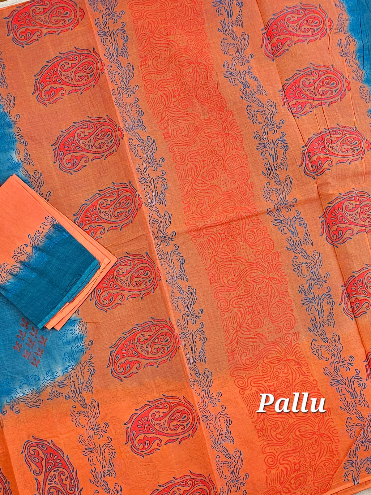 Pure Cotton with Hand Block Prints - Blue with Orange