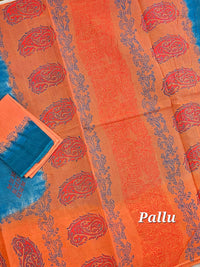 Pure Cotton with Hand Block Prints - Blue with Orange
