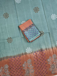 Pure Cotton with Hand Block Prints - Green with Brown