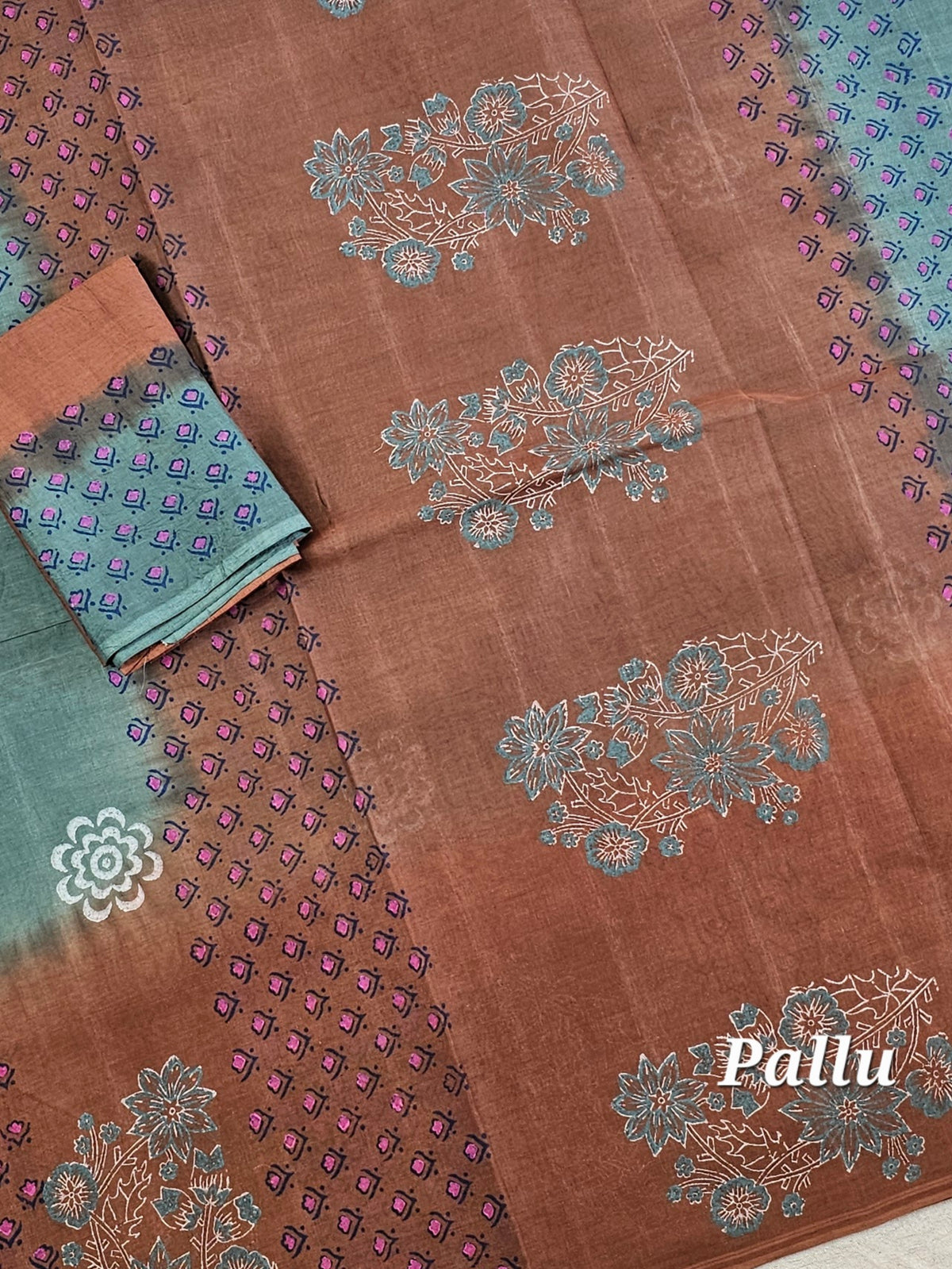 Pure Cotton with Hand Block Prints - Green with Brown