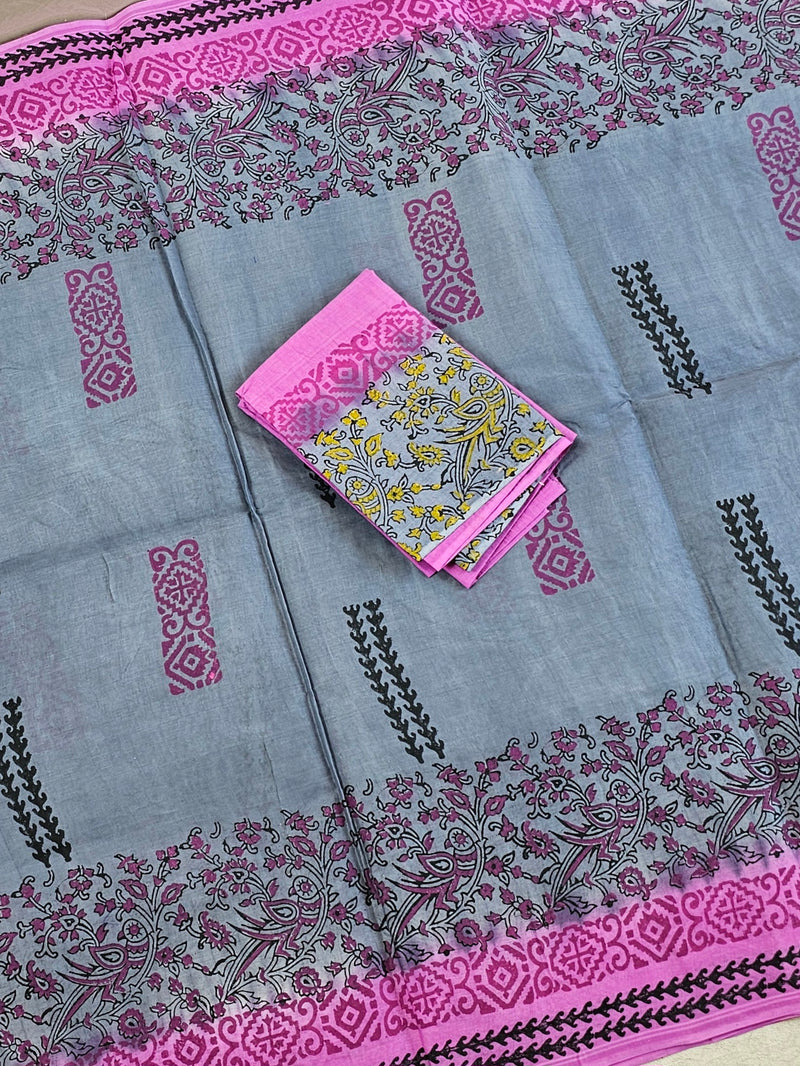 𝐏𝐫𝐞𝐛𝐨𝐨𝐤𝐢𝐧𝐠 𝐀𝐯𝐚𝐢𝐥𝐚𝐛𝐥𝐞 - 𝟐5 𝐝𝐚𝐲 𝐃𝐢𝐬𝐩𝐚𝐭𝐜𝐡 𝐓𝐢𝐦𝐞 Pure Cotton with Hand Block Prints -  Grey with Pink