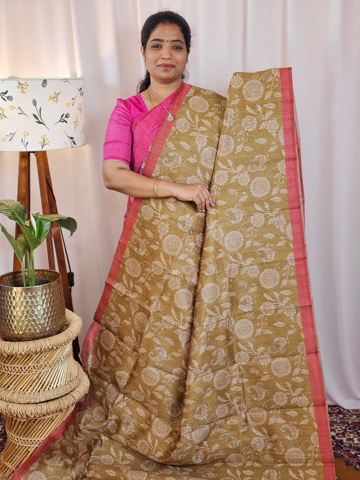 Premium Soft Semi Tussar with Digital Prints - Mehndi Green with Peach