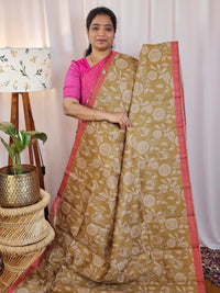 Premium Soft Semi Tussar with Digital Prints - Mehndi Green with Peach