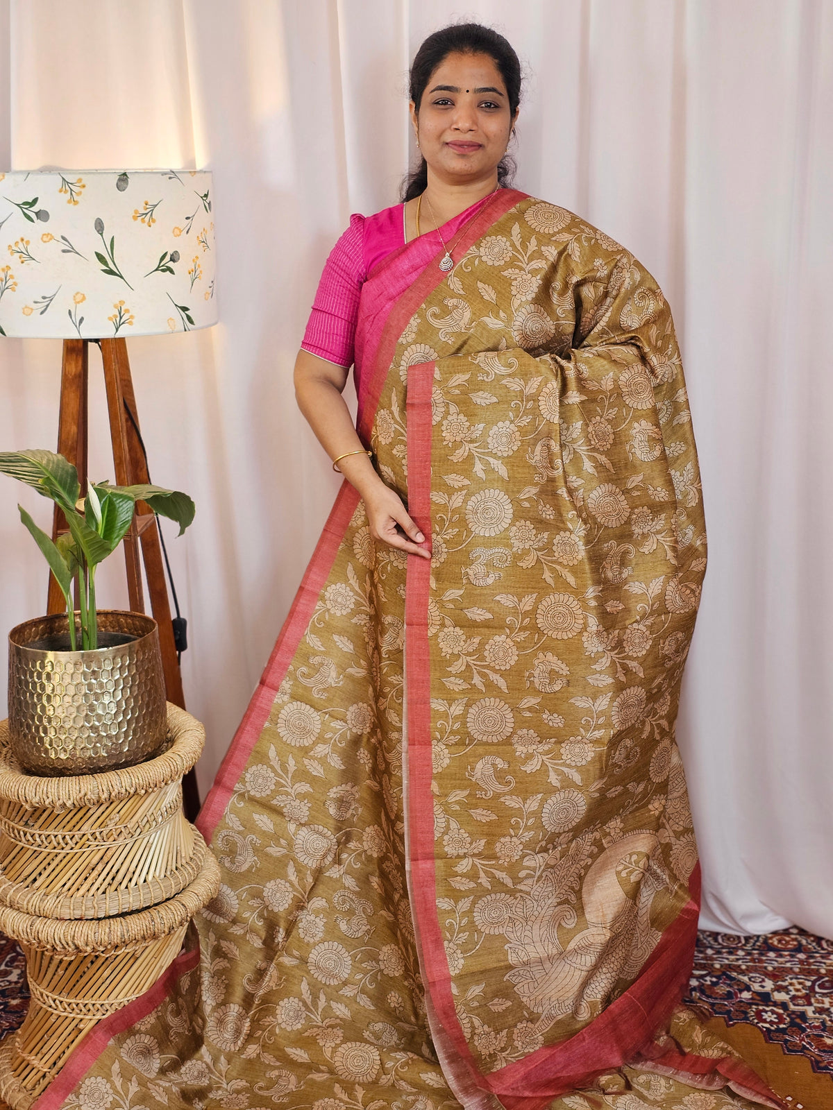 Premium Soft Semi Tussar with Digital Prints - Mehndi Green with Peach