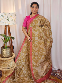 Premium Soft Semi Tussar with Digital Prints - Mehndi Green with Peach