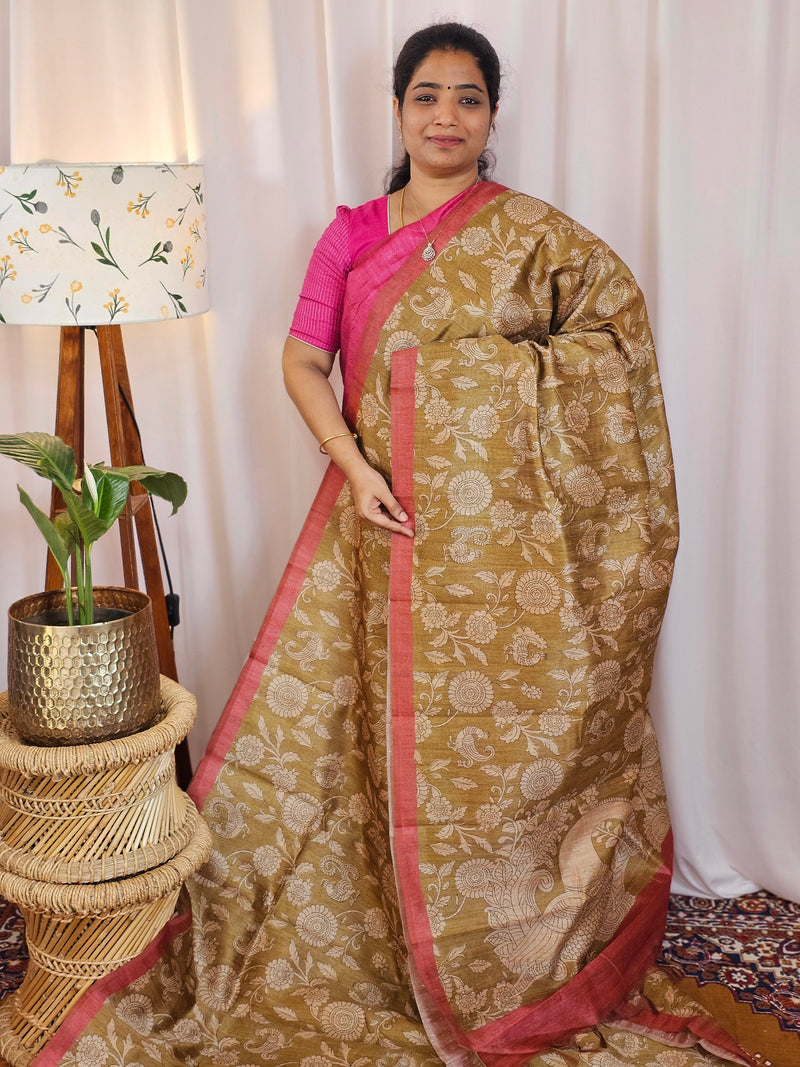 Premium Soft Semi Tussar with Digital Prints - Mehndi Green with Peach