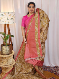 Premium Soft Semi Tussar with Digital Prints - Mehndi Green with Peach