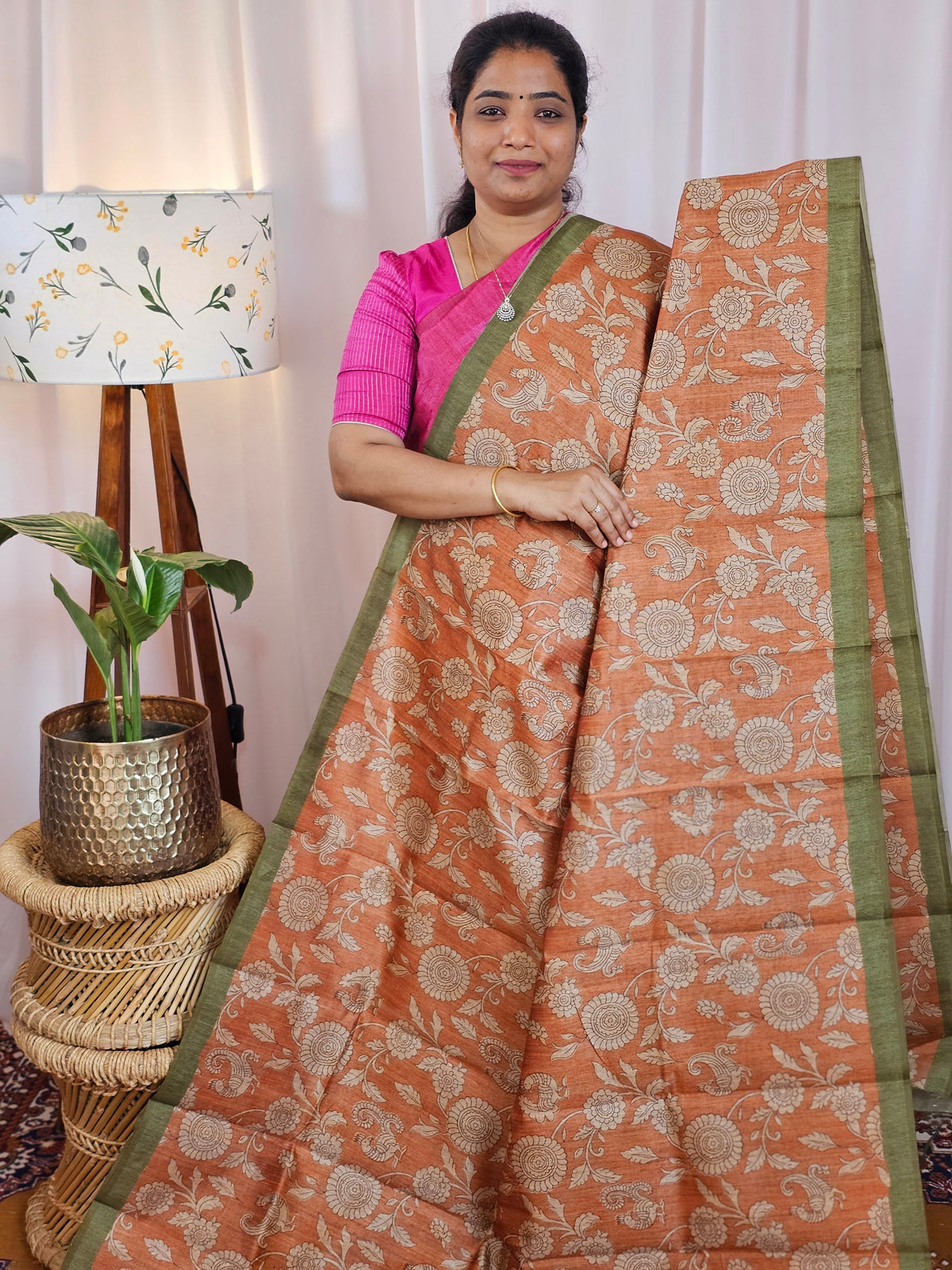 Premium Soft Semi Tussar with Digital Prints - Rust Orange with Green