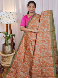 Premium Soft Semi Tussar with Digital Prints - Rust Orange with Green