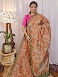 Premium Soft Semi Tussar with Digital Prints - Rust Orange with Green