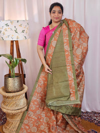 Premium Soft Semi Tussar with Digital Prints - Rust Orange with Green