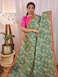 Premium Soft Semi Tussar with Digital Prints - Green with Rust Orange