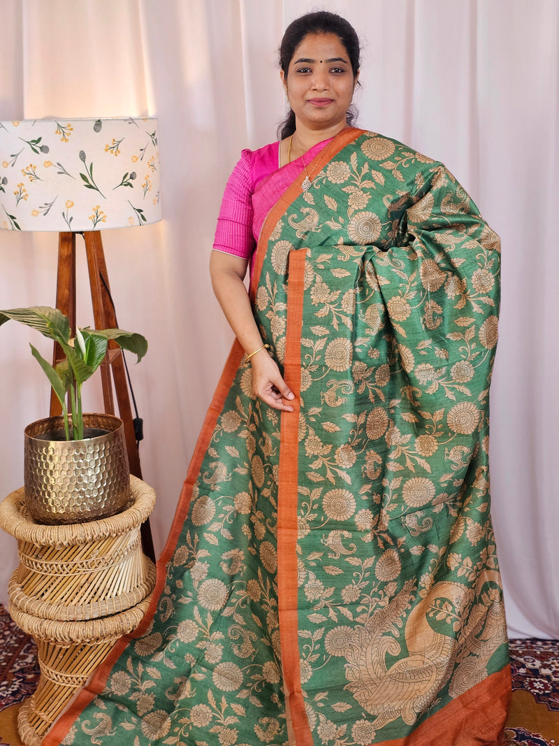 Premium Soft Semi Tussar with Digital Prints - Green with Rust Orange