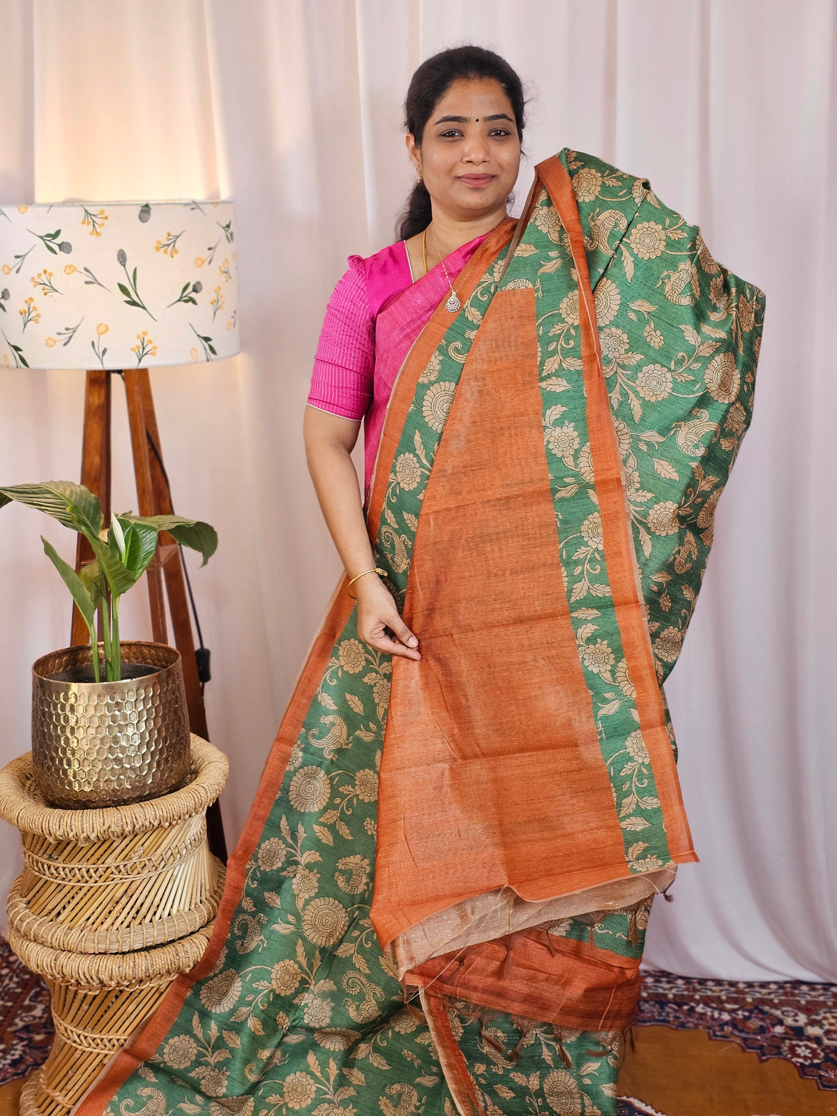 Premium Soft Semi Tussar with Digital Prints - Green with Rust Orange