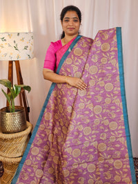 Premium Soft Semi Tussar with Digital Prints - Purple with Blue