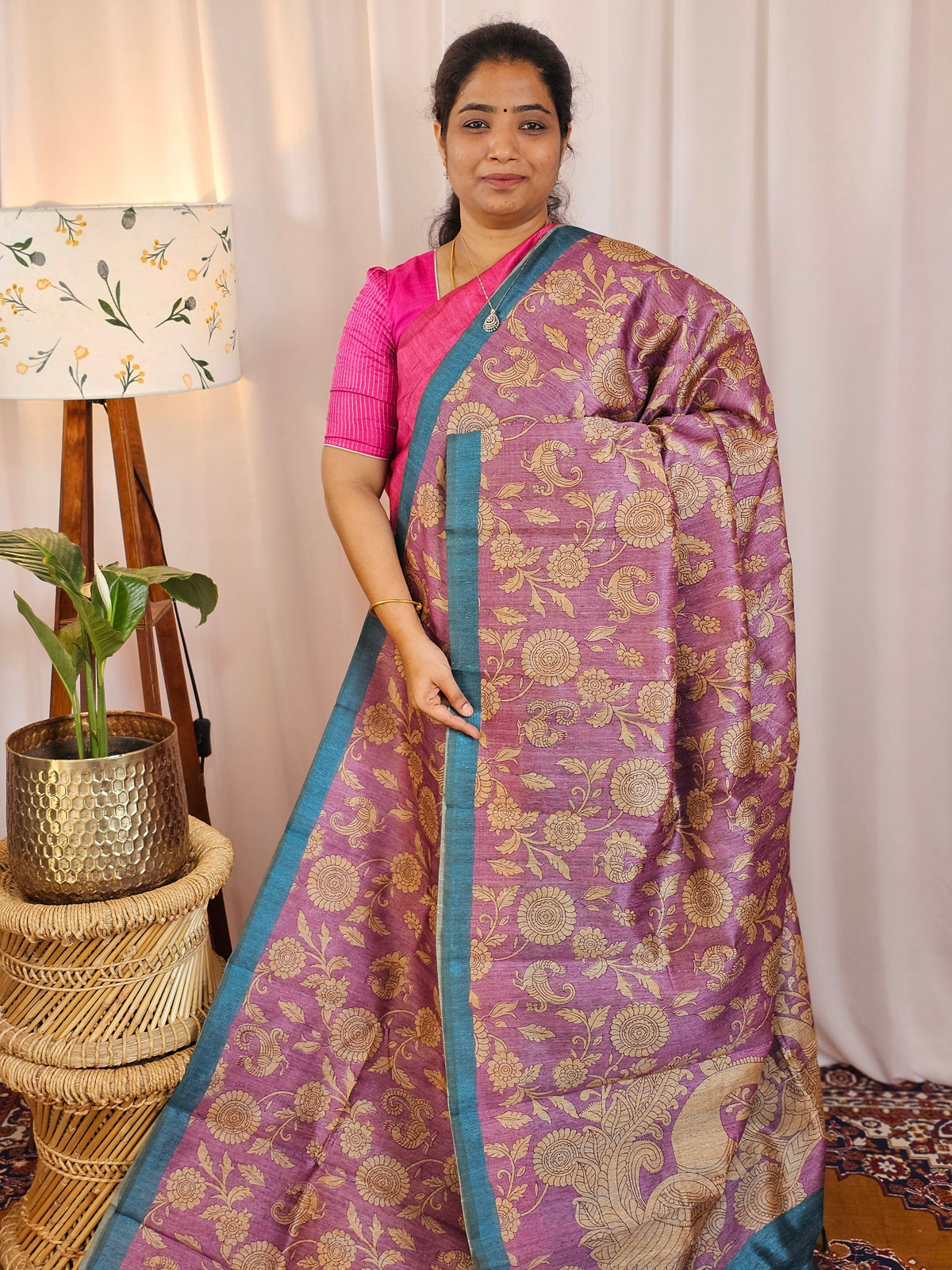 Premium Soft Semi Tussar with Digital Prints - Purple with Blue