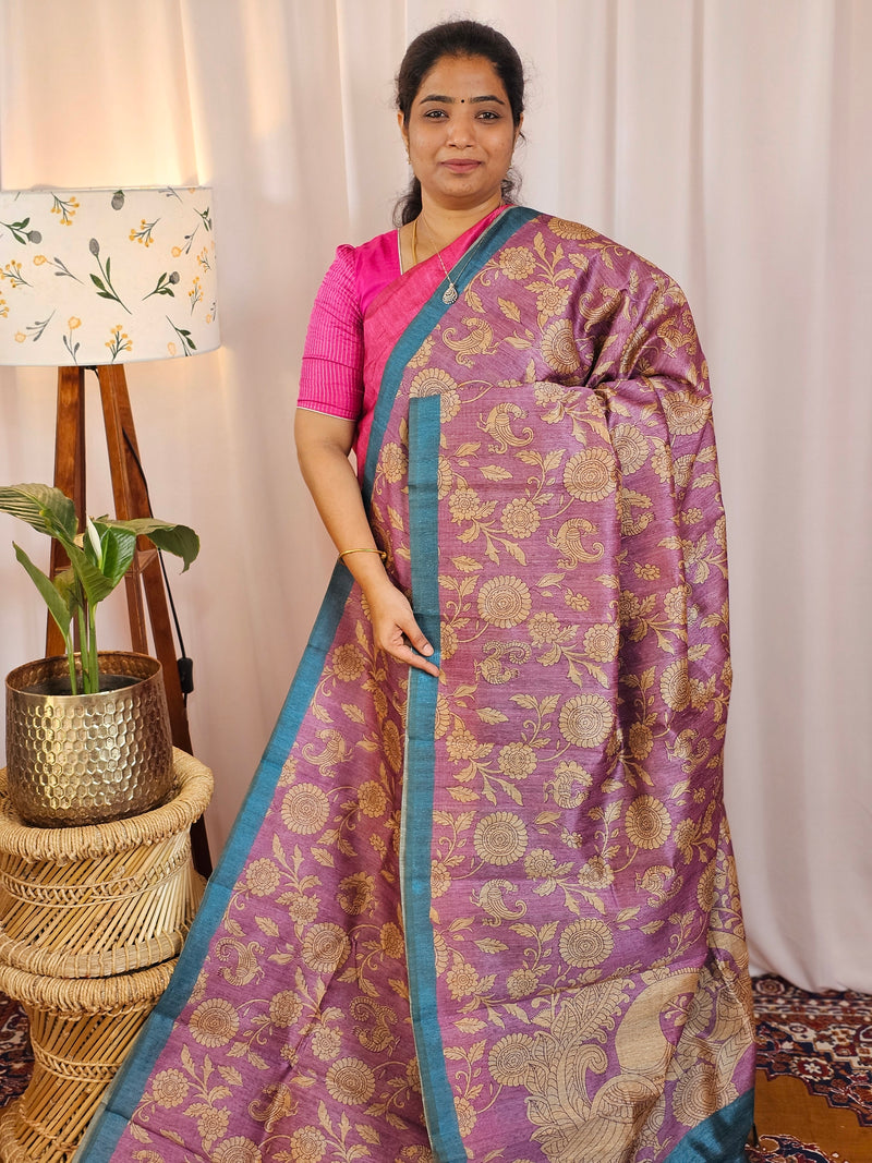Premium Soft Semi Tussar with Digital Prints - Purple with Blue