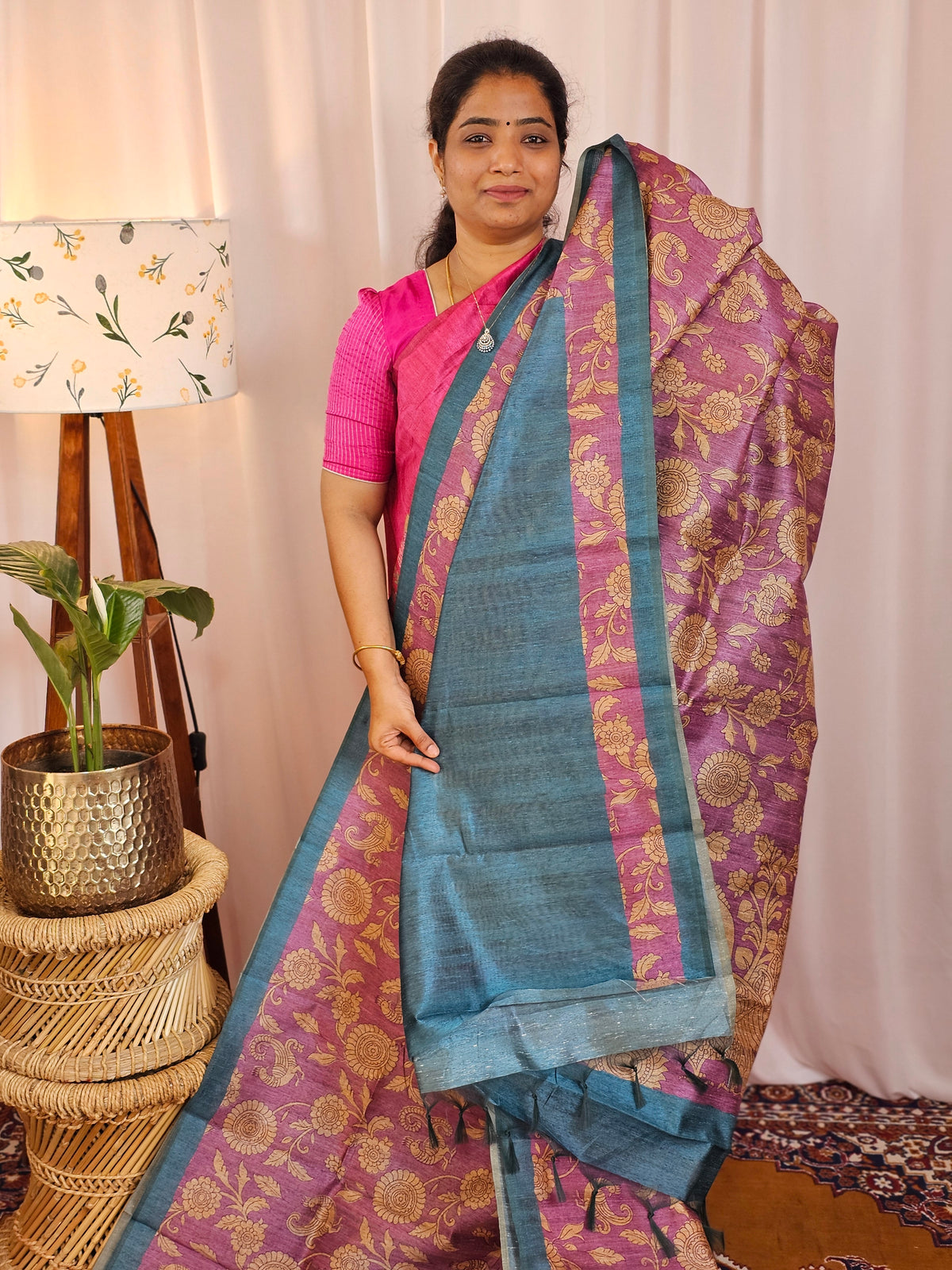 Premium Soft Semi Tussar with Digital Prints - Purple with Blue