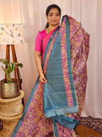 Premium Soft Semi Tussar with Digital Prints - Purple with Blue
