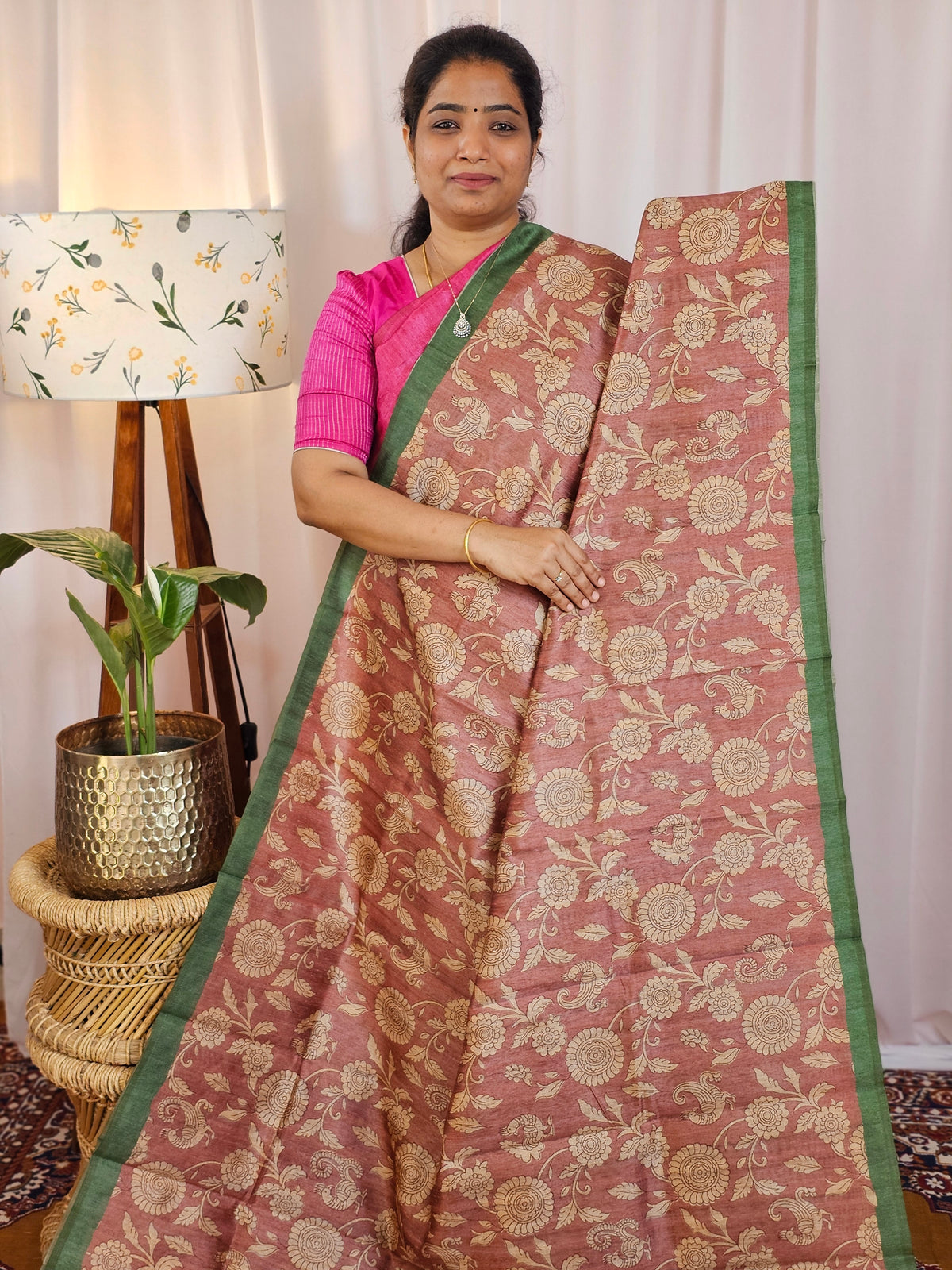 Premium Soft Semi Tussar with Digital Prints - Onion Pink with Green
