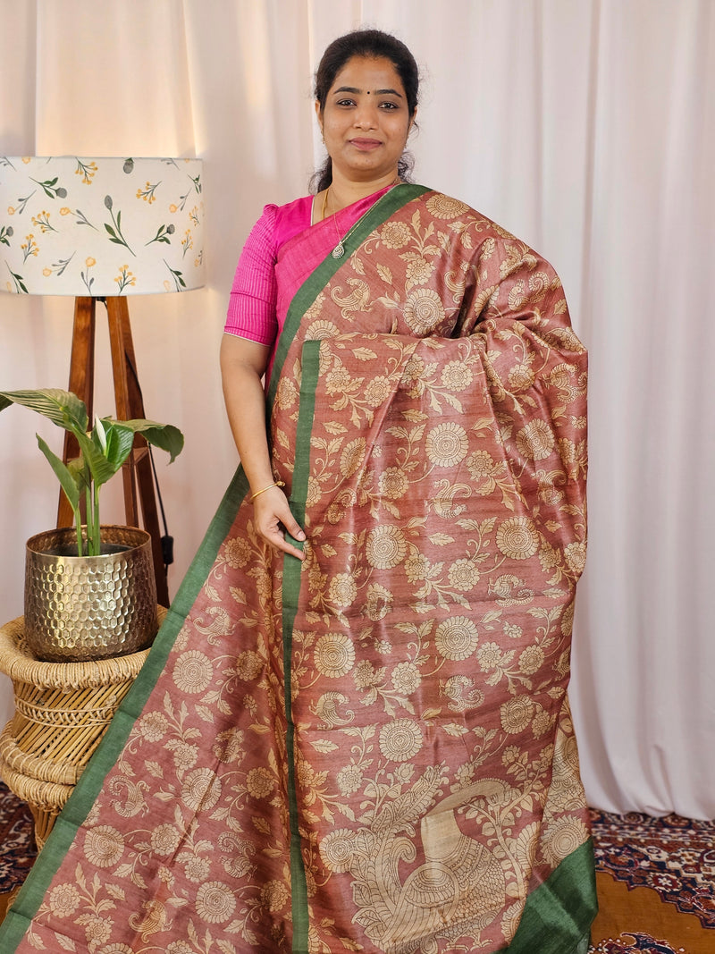 Premium Soft Semi Tussar with Digital Prints - Onion Pink with Green