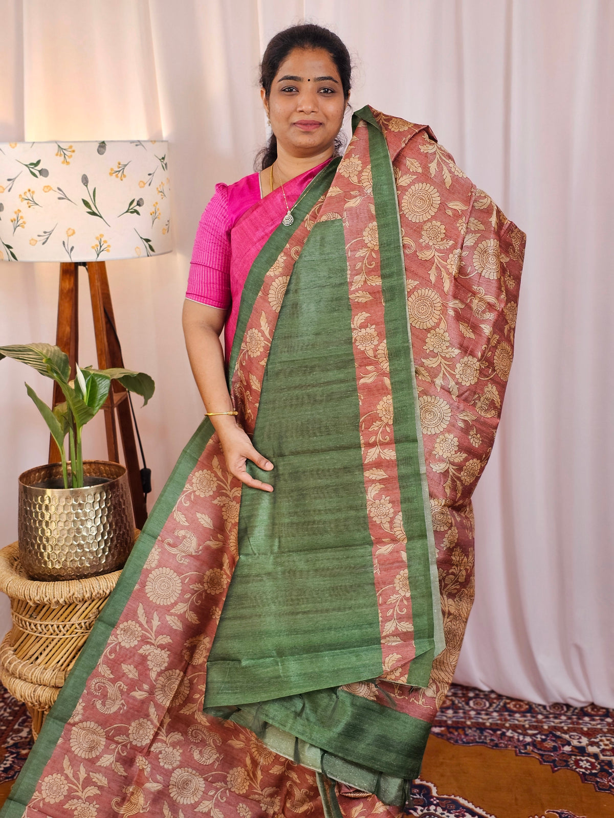Premium Soft Semi Tussar with Digital Prints - Onion Pink with Green