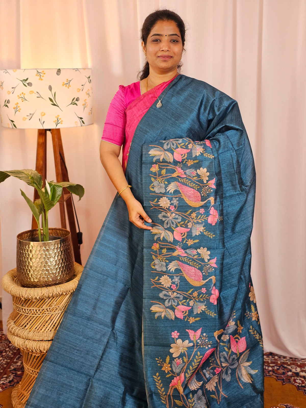 Premium Soft Semi Tussar with Digital Prints - Peacock Blue