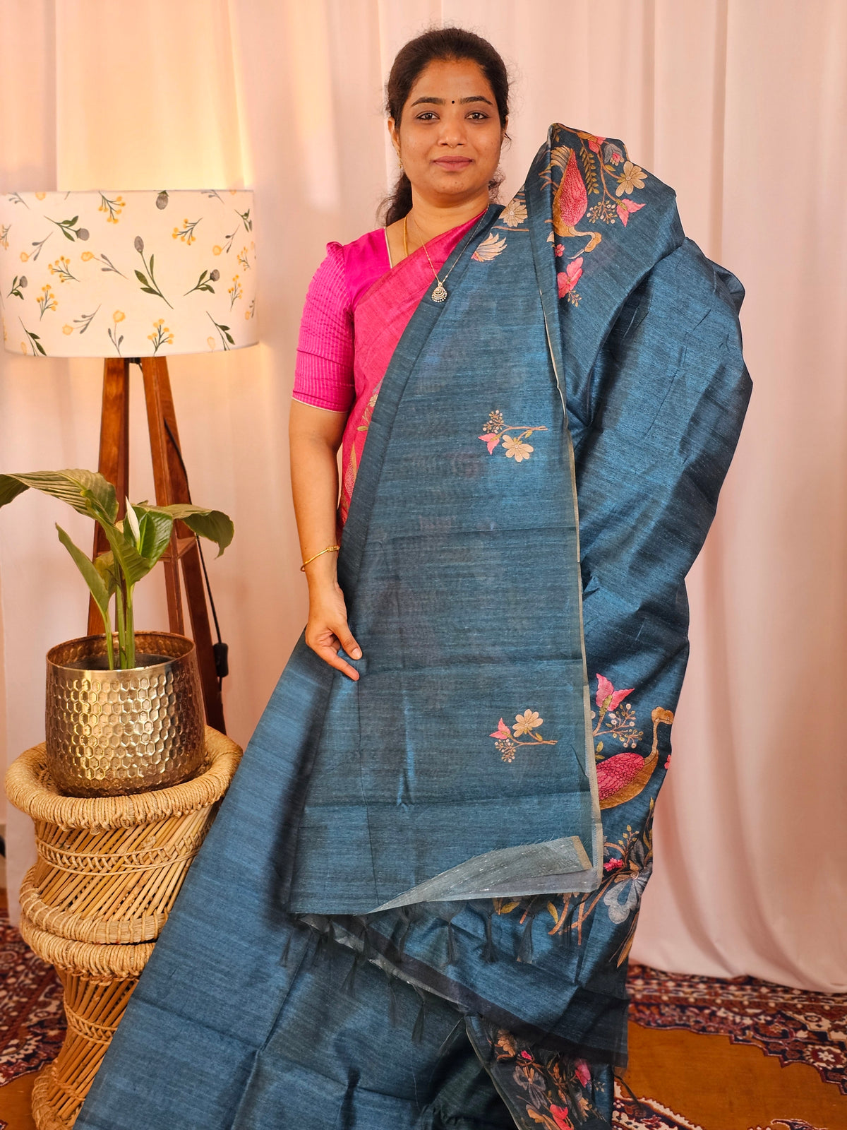 Premium Soft Semi Tussar with Digital Prints - Peacock Blue