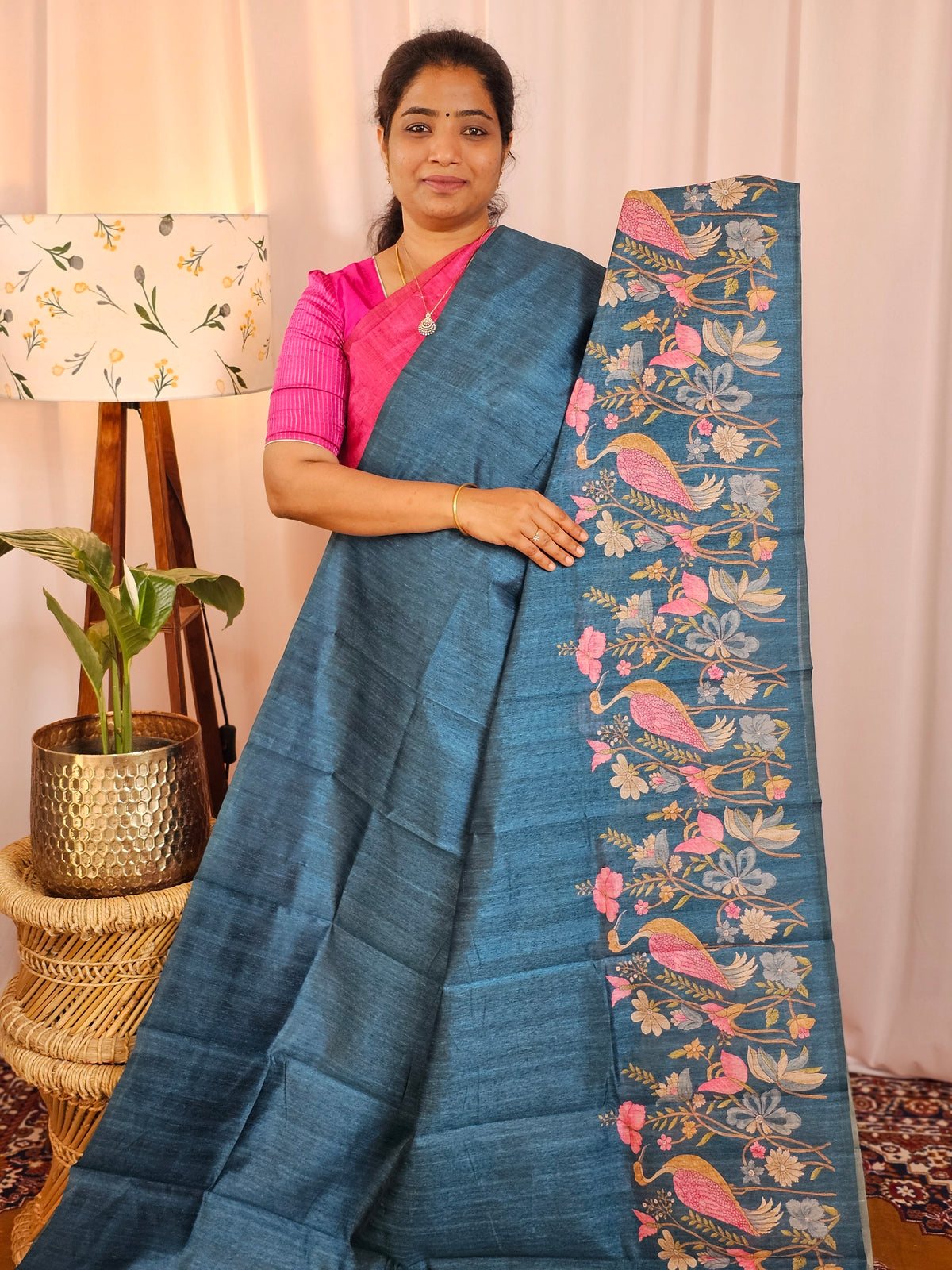Premium Soft Semi Tussar with Digital Prints - Peacock Blue