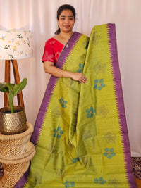 Premium Soft Semi Tussar with Digital Prints - Green with Purple