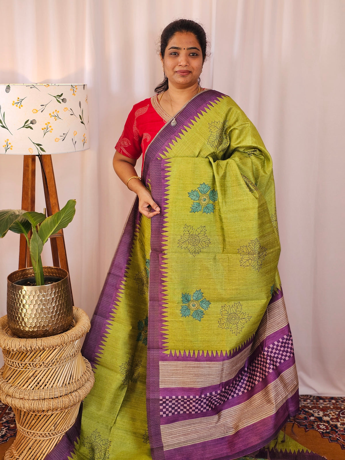 Premium Soft Semi Tussar with Digital Prints - Green with Purple